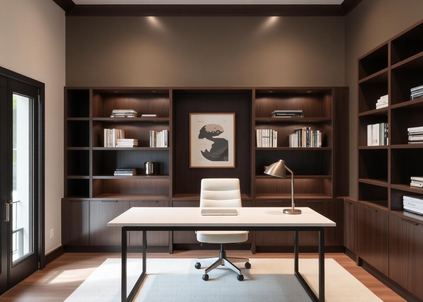 Home Office mit maßgefertigtem Einbauregal in dunklem Holz